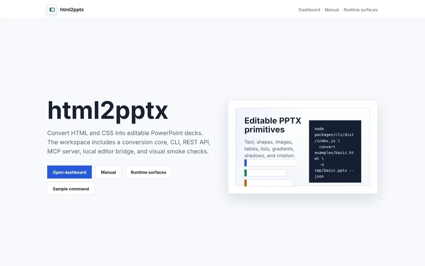 html-pptx home page with links to the dashboard, manual and runtime surfaces